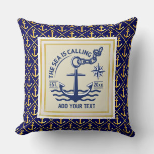 Coussin La mer appelle nom personnalisé ancre bleu marine
