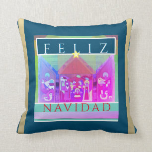Coussin La Nativité mexicaine de Feliz Navidad sur le bleu