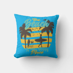 Coussin La plage est mon Happy Place, été, Surf & Palm Tre