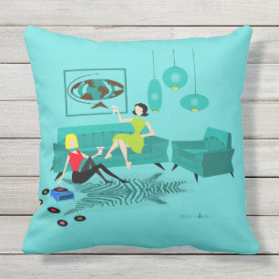 Coussin La rétro nuit de la fille dans le carreau