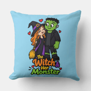 Coussin La Sorcière et Son Monstre Couple Mignon Halloween