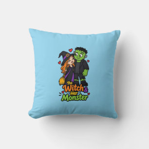 Coussin La Sorcière et Son Monstre Couple Mignon Halloween