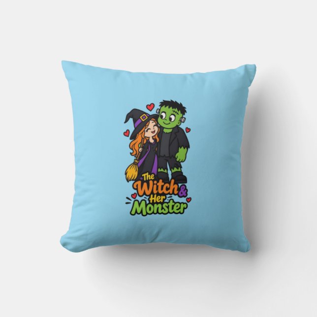 Coussin La Sorcière et Son Monstre Couple Mignon Halloween (Recto)