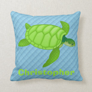 Coussin La tortue de mer verte mignonne sur le bleu,