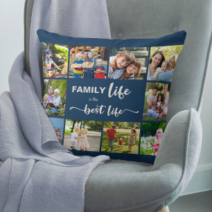 Coussin La vie de famille est la meilleure vie Bleu Gris 1