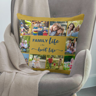 Coussin La vie de famille est la meilleure vie Ocre Bleu 1