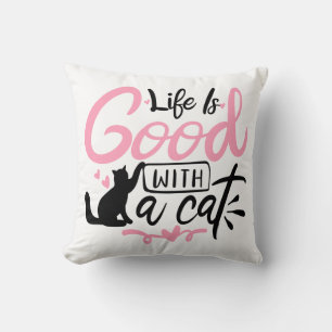 Coussin La vie est bonne Mignonne Kitty Chat Rose Noir Cha
