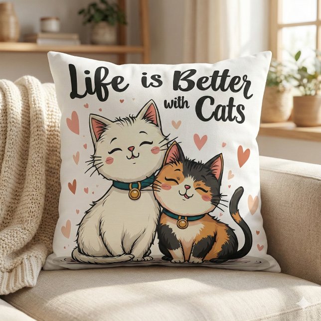 Coussin La vie est meilleure avec des chats esthétique de  (Life is Better with Cats Cute Cat Aesthetic White Throw Pillow Mockup A.)