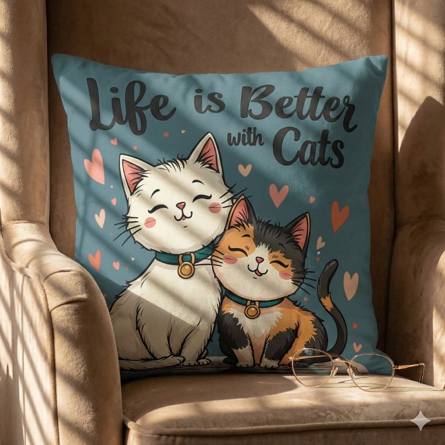 Coussin La vie est meilleure avec des chats Mignon esthéti (Life is Better with Cats Cute Cat Aesthetic, Blue Throw Pillow Mockup B)