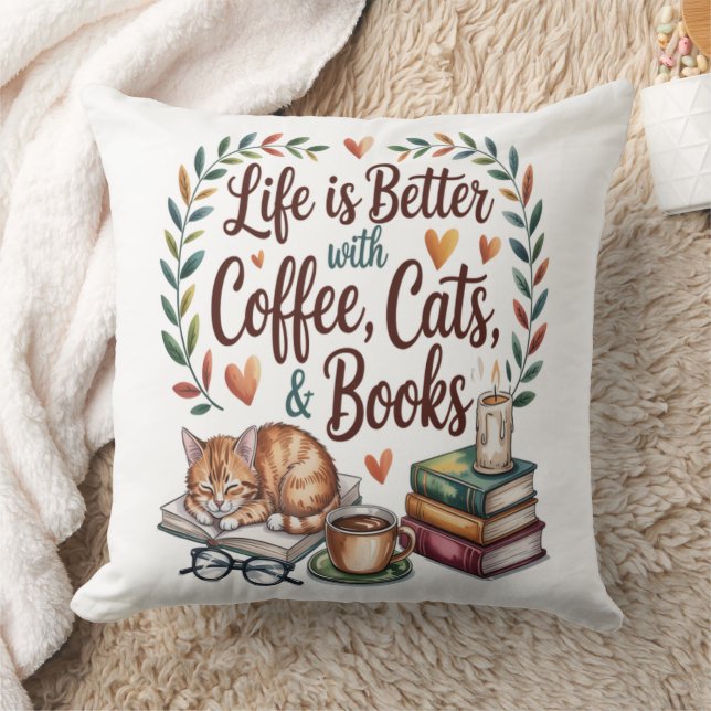 Coussin La vie est meilleure avec du café, des chats et de (Couverture)