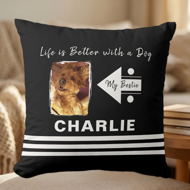 Coussin La vie est meilleure chien ajouter photo nom noir  (Créateur téléchargé)