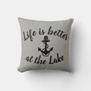 Coussin LA VIE EST MIEUX AU LAC - ancre - recto-verso  