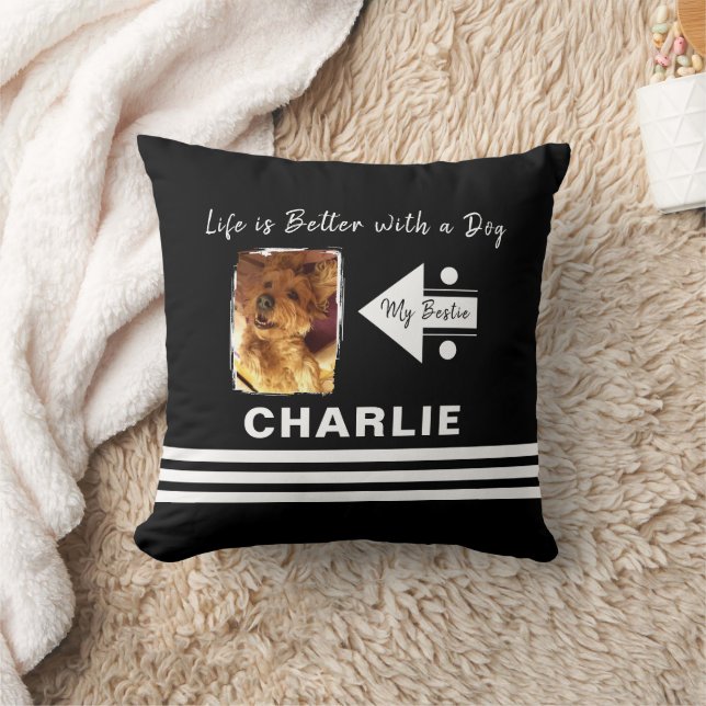 Coussin La vie meilleur chien ajouter nom photo noir blanc (Couverture)