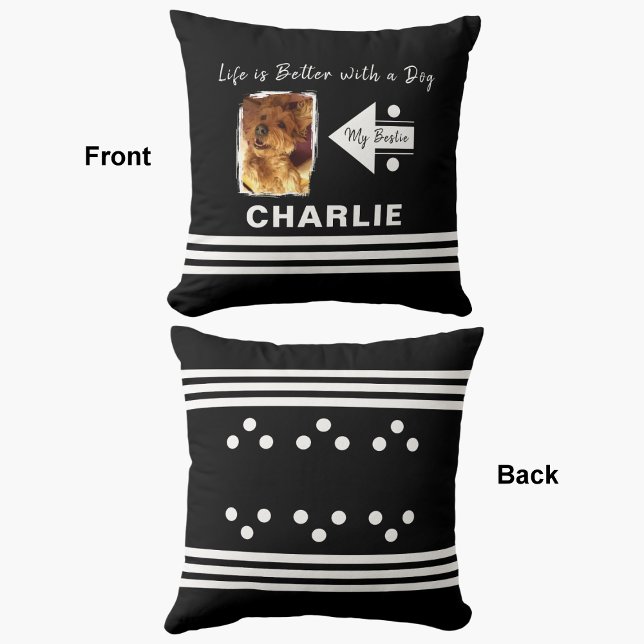 Coussin La vie meilleur chien ajouter nom photo noir blanc (Créateur téléchargé)