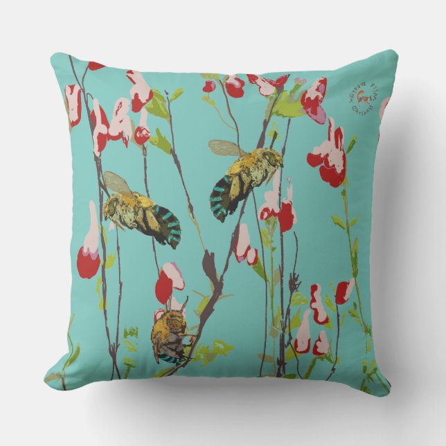 Coussin L'abeille Bleue sur l'Aqua par Chrissy Wild (Recto)