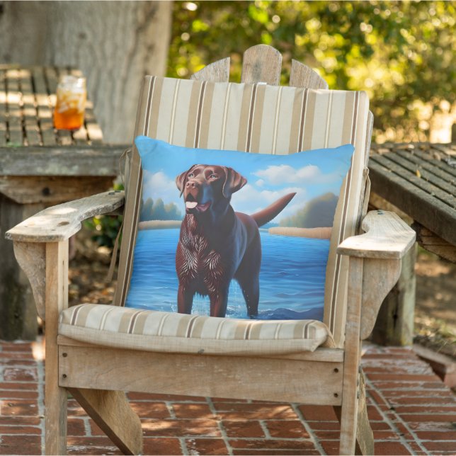 Coussin Labrador chocolat et lac Bleu (Chaise)