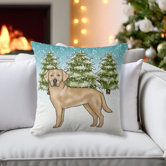 Coussin Labrador Retriever Jaune Neige Bleue Forêt d'Hiver (Créateur téléchargé)