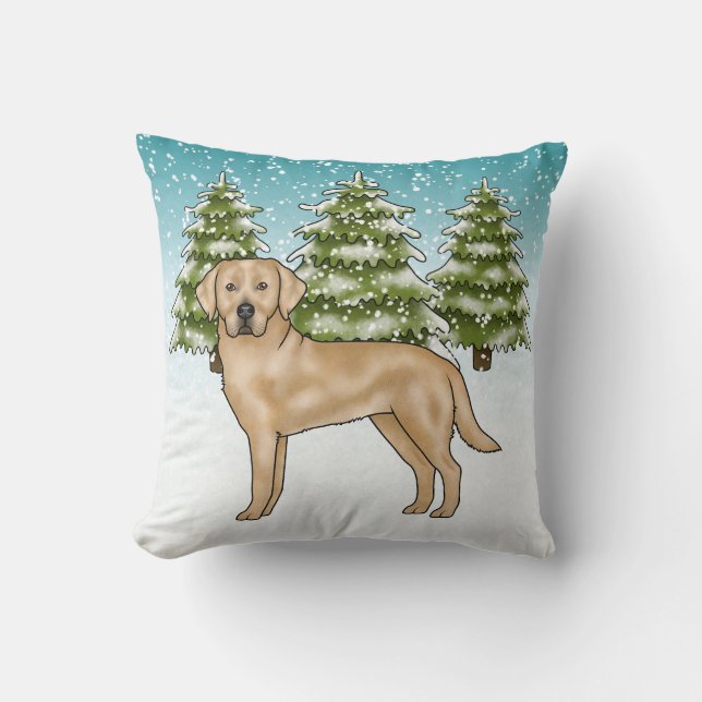 Coussin Labrador Retriever Jaune Neige Bleue Forêt d'Hiver (Recto)