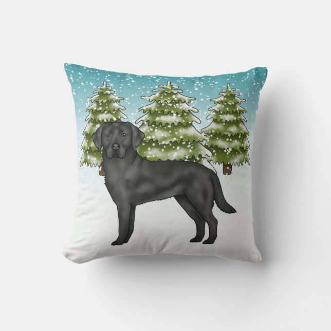 Coussin Labrador Retriever noir dans une forêt enneigée bl (Recto)