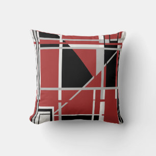 Coussin Labyrinthe Abstrait Noir Gris Blanc sur Fond Rouge