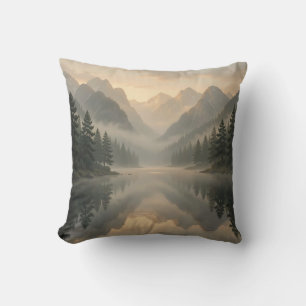 Coussin Lac de montagne brumeux, forêt de pins au lever du