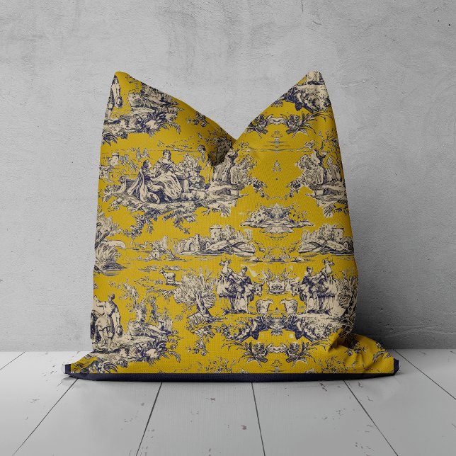 Coussin Lac fleuri vintage jaune toile de jouy (Créateur téléchargé)