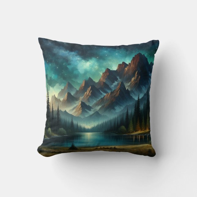 Coussin Lac Mountain/cabine sous les étoiles (Recto)