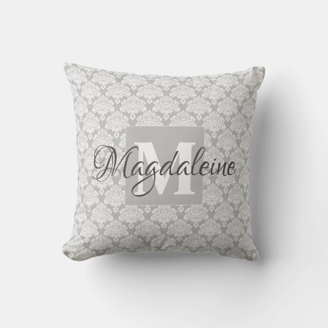 Coussin Lacy Grey & White Damask Nom et monogramme (Recto)