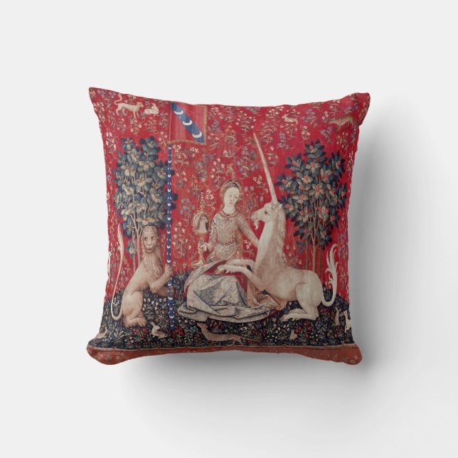 Coussin Lady et Unicorne Vue de la Tapisserie Médiévale (Recto)