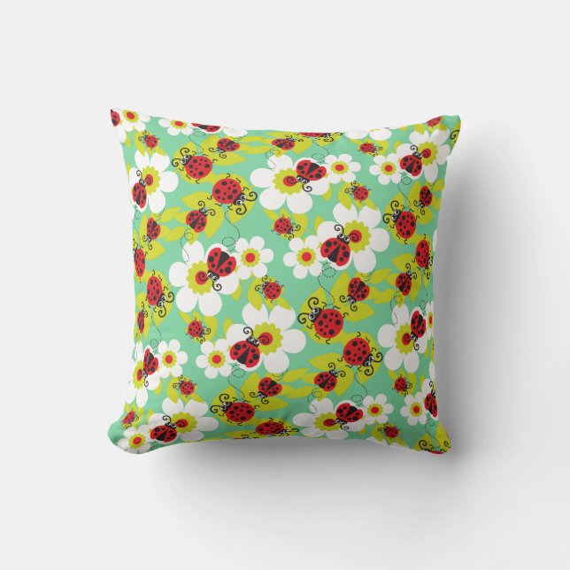 Coussin Ladybirds / coccinelle rouge turquoise vert et bla (Recto)