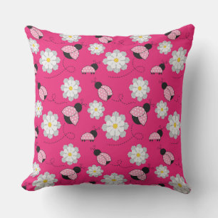 COUSSIN LADYBUGS BLANCS ROSE NOIR ET DAISIES BLANCHES