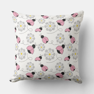COUSSIN LADYBUGS BLANCS ROSE NOIR ET DAISIES BLANCHES