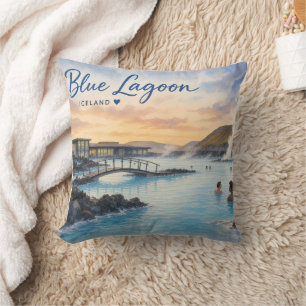 Coussin Lagon bleu Islande bain thermal aquarelle