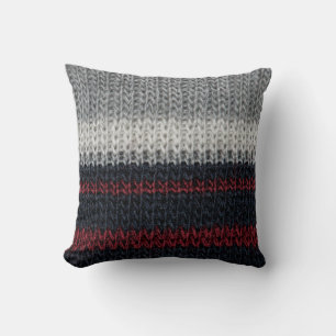 Coussin Laine de tricot noire et grise avec soie rouge et 