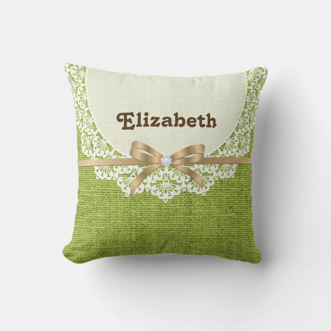 Coussin Lait blanche avec dentelle et chaux vert burlap (Recto)