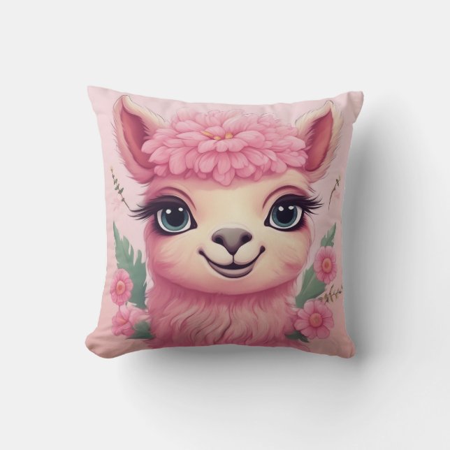 Coussin Lama bébé rose souriant (Recto)