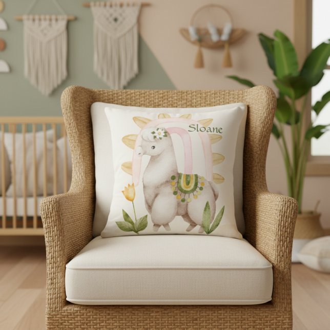 Coussin Lama Personnalisé, Bébé Animaux, Boho, Arc-en-ciel (Créateur téléchargé)