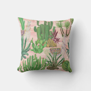 Coussin Lamas aquarelle et motif cactus.