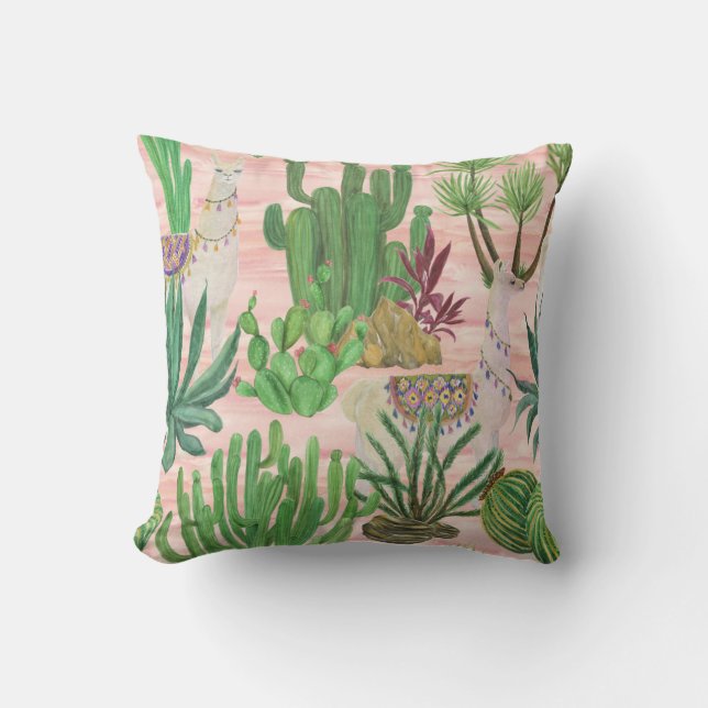 Coussin Lamas aquarelle et motif cactus. (Recto)