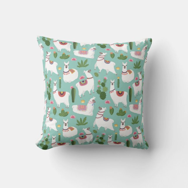 Coussin Lamas mignons sur le motif turquoise (Recto)