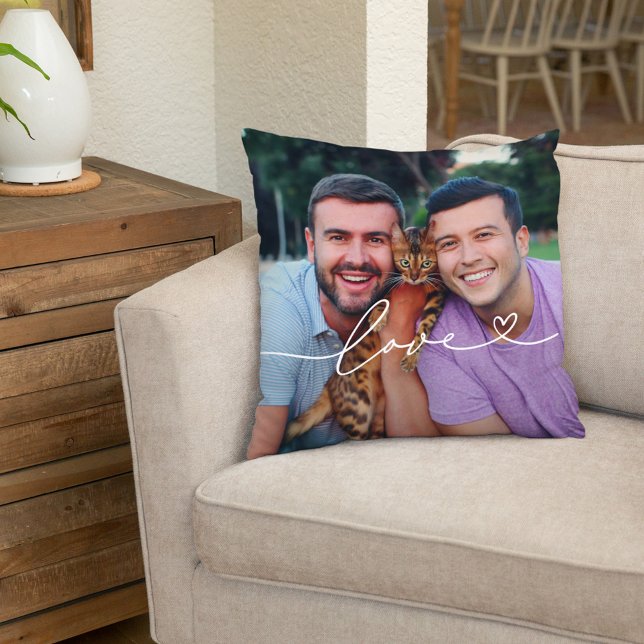 Coussin L'amour en script blanc avec le coeur Photo person (Créateur téléchargé)