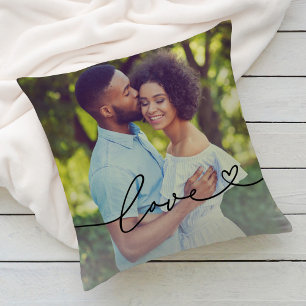 Coussin L'amour en script noir avec le coeur Photo personn
