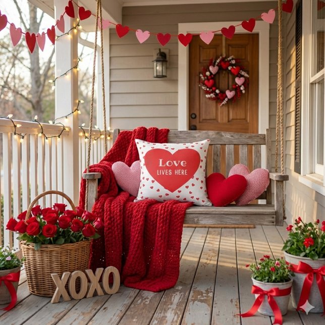 Coussin L'amour vit ici à la Saint-Valentin (Love Valentine's Day porch pillow.)