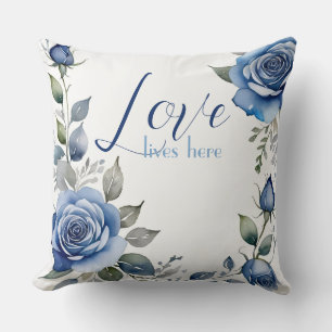 Coussin L'amour vit ici - roses bleus