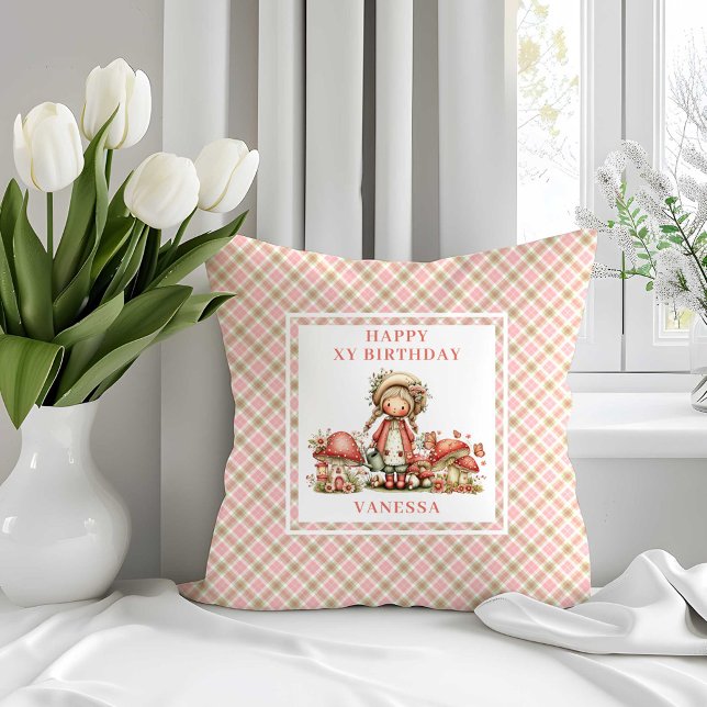 Coussin Lancer de fête d'anniversaire de fille florale ros (Enchanted Fairy Pink Floral Girl Birthday Throw Pillow)