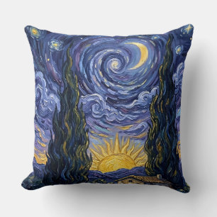 Coussin Lancer de nuit étoilée au crépuscule avec cyprès d