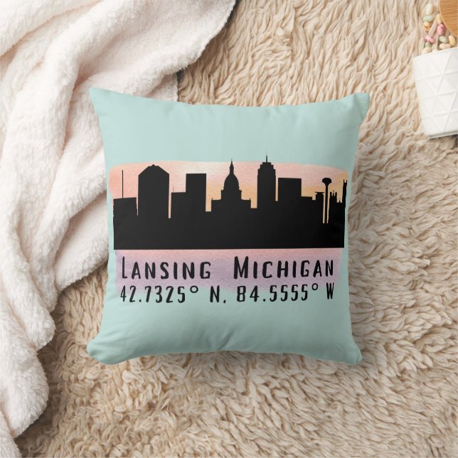 Coussin Lansing MI City Skyline Latitude et Longitude (Couverture)