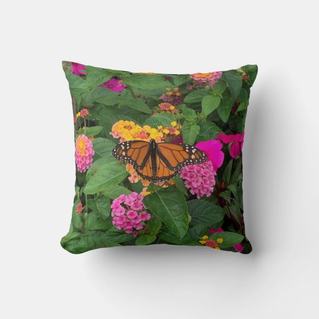 Coussin Lantana papillon floral jaune rose vert (Recto)