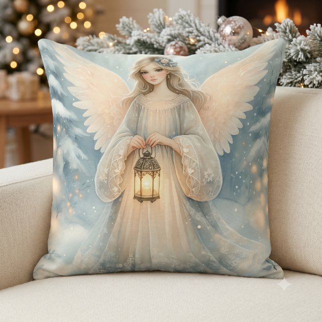 Coussin Lanterne céleste d'ange d'hiver de grâce (Celestial Winter Angel Lantern of Grace Throw Pillow)
