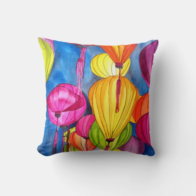 Coussin Lanternes chinoises art aquarelle moderne (Recto)